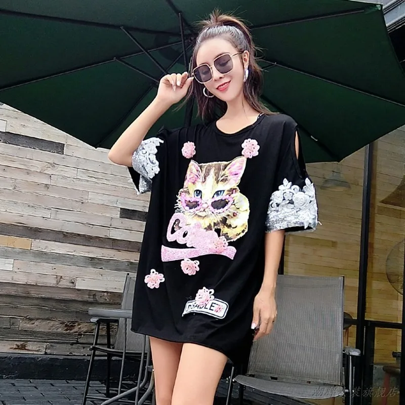 QING MO Cat Футболка с принтом платье для женщин 2019 лето открытыми плечами девочек