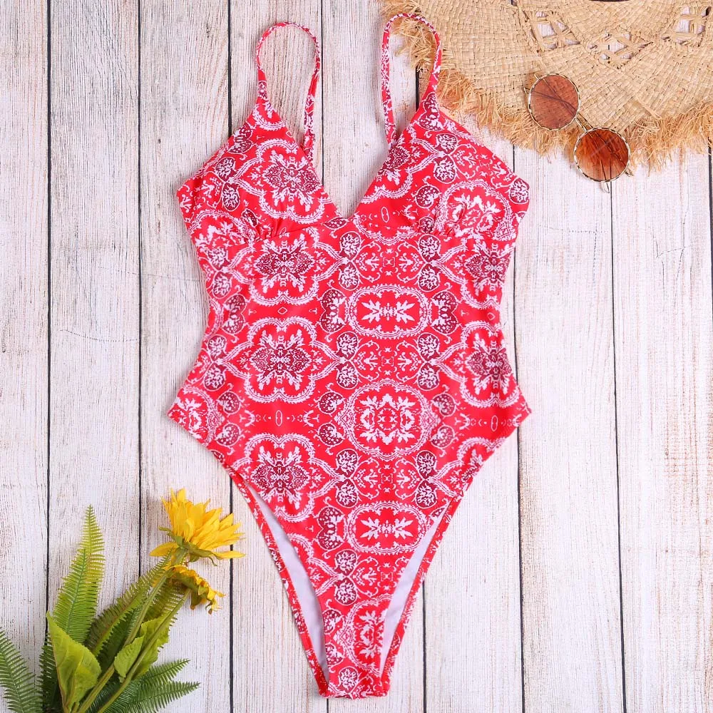 Spaghetti Strap Backless Padded Print Women Swimsuit One-Piece Suits | Спорт и развлечения