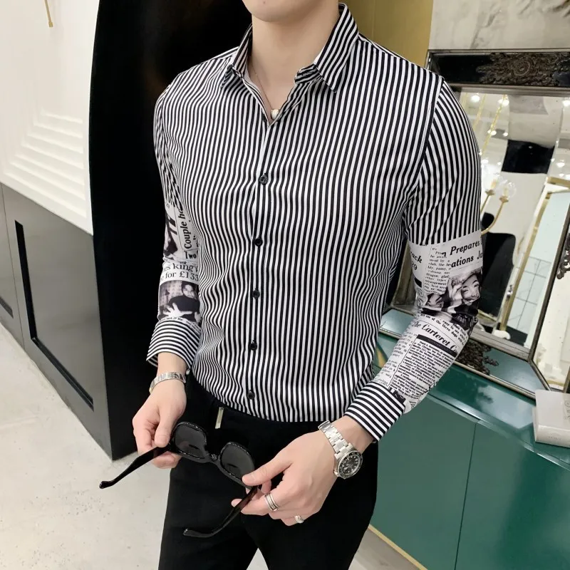 Корейский Роскошные полосы печати приталенная Мужская рубашка Camisa Masculina