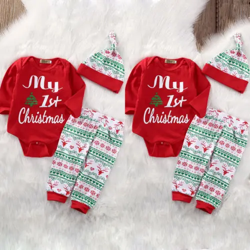 My First Christmas 3PCS Cute Baby Boys Girls Xmas Red Romper Tops Long Sleeve Pants Legging Hat Outfit Clothes Sets Hot Sale | Детская