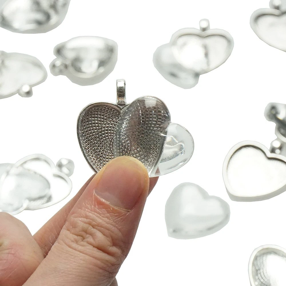 30 Counts Heart Bezels Silver-color Pendant Trays With Glass Cabochon Dome Tiles For Jewelry Making 60 | Украшения и аксессуары