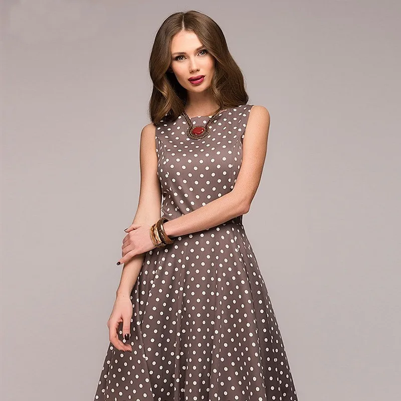 Gentillove Vintage Dress Summer Sleeveless O-neck Vestidos Dot Printing Mid-Calf Casual Elegant Female A-line Dresses | Женская одежда