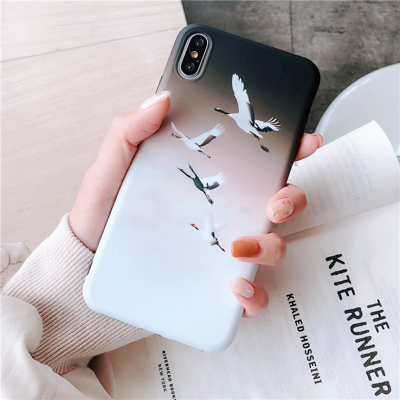 3CPizai For iPhone Xs Max XR Cases Retro Japanese crane Apple iphone X 6 7 8 Plus 6s Phone Soft Covers Shockproof |