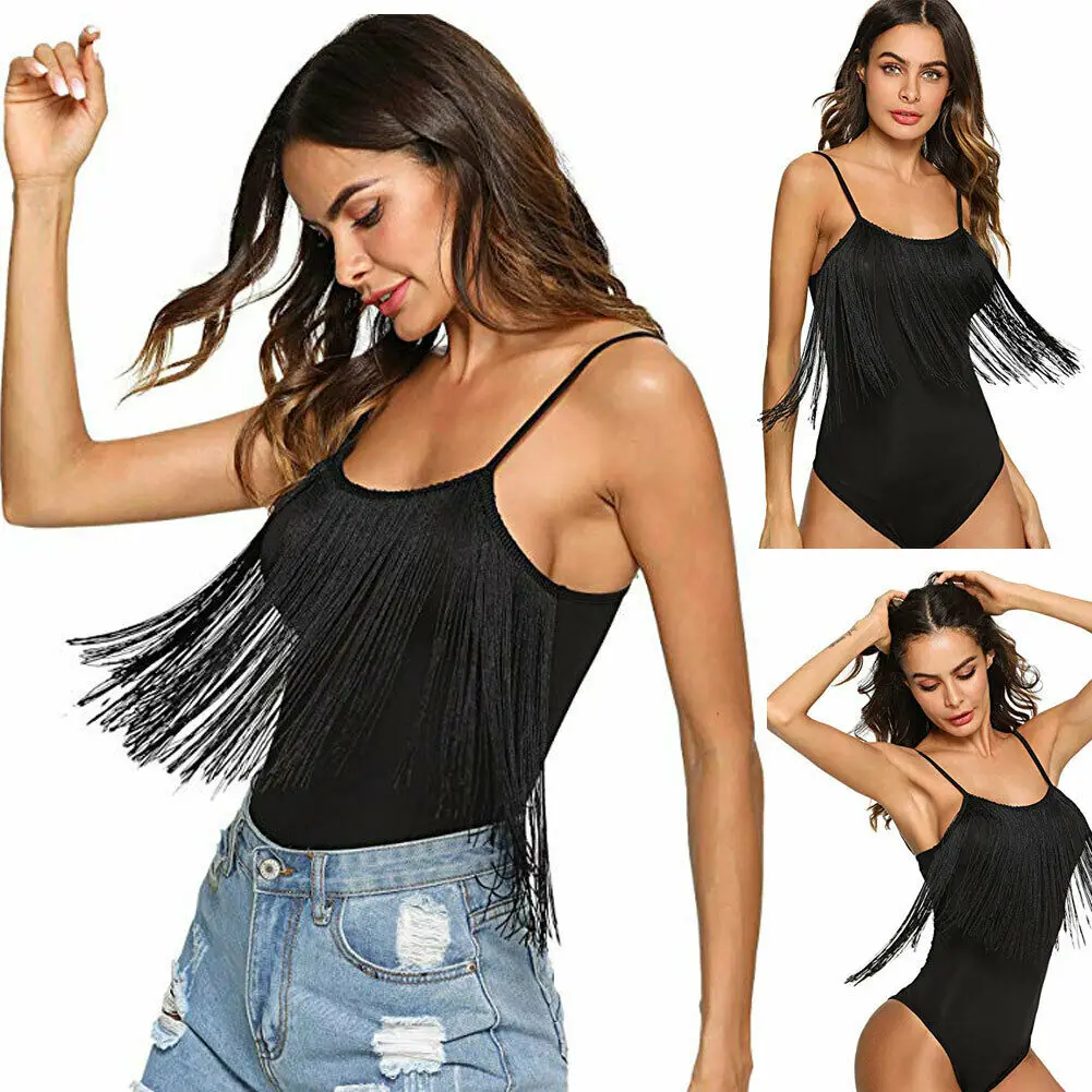 Черный женский однотонный боди на бретельках с кисточками комбинезон без
