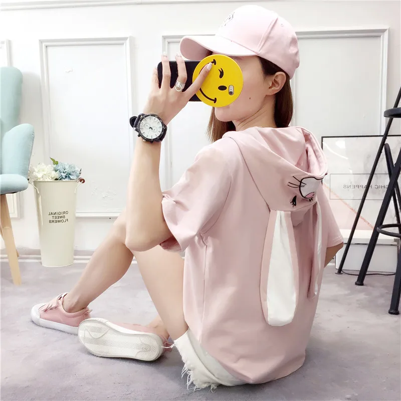 Женская футболка с капюшоном и длинными ушками милая розовая кроликом Kawaii