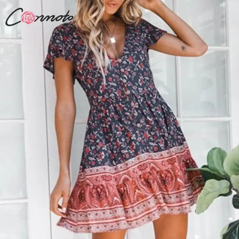 Conmoto Модное винтажное платье в стиле бохо с цветочным принтом короткое летнее
