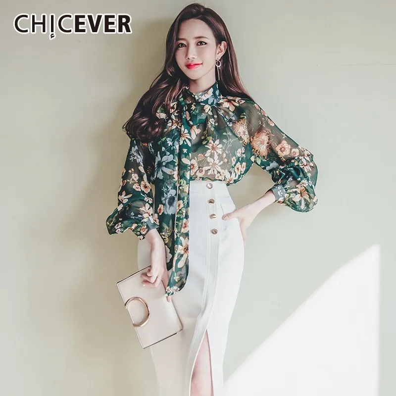 Женский шифоновый топ CHICEVER с винтажным принтом и бантом на шнурках