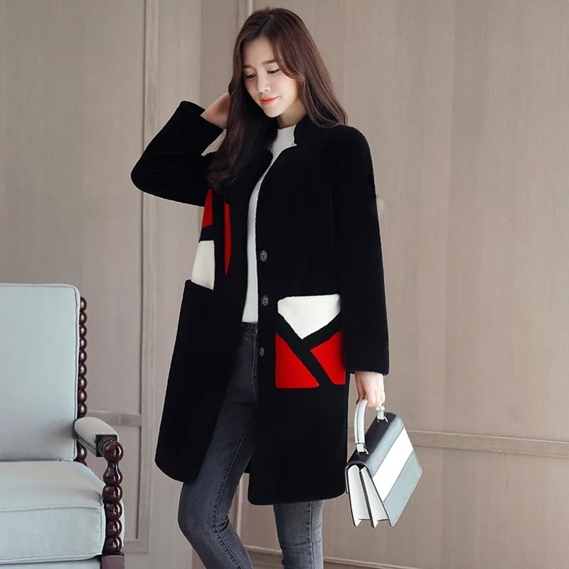 Sheep Sheared Coat Elegant Red Winter Women Faux Fur Jacket Coats Female Sheepskin Outerwear Fashion Button Mujer Parka PJ345