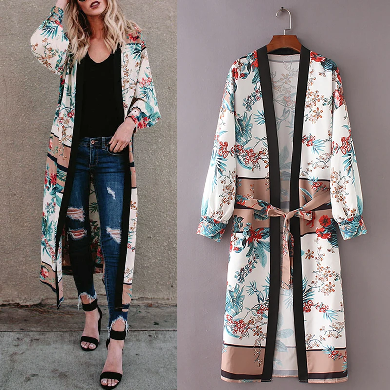Womens Belt Bandage Shawl Print Kimono Cardigan Top Cover Up Blouse Long Coat | Женская одежда