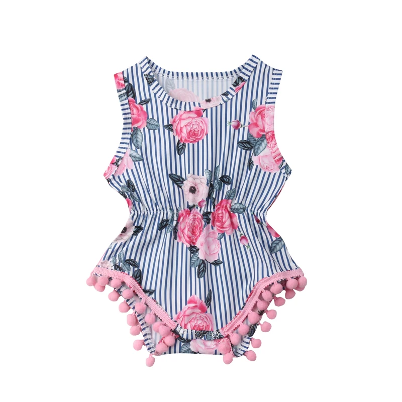 Floral Newborn Infant Baby Girl Sleeveless Tassel Ball Striped Romper Jumpsuit Outfit Sunsuit | Детская одежда и обувь