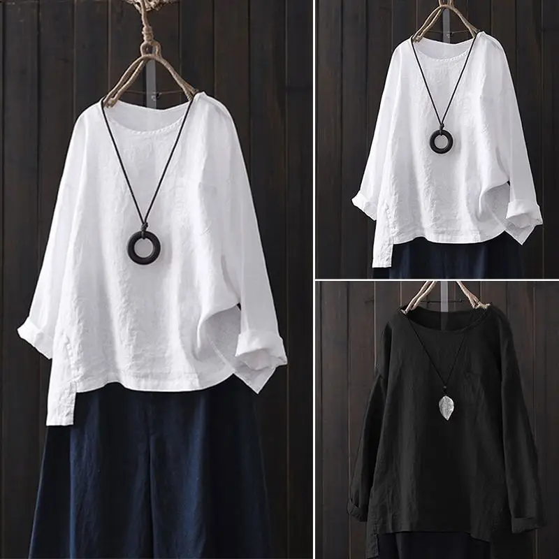 2021 Oversized ZANZEA Spring Women Casaul O Neck Long Sleeve Shirts Tops Vintage Solid Cotton Linen Party Loose Blouse Female | Женская