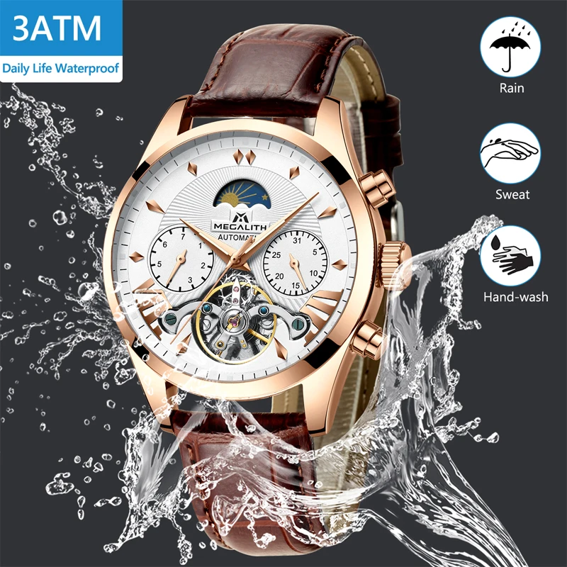 MEGALITH Модные мужские автоматические механические часы Tourbillon кожаные