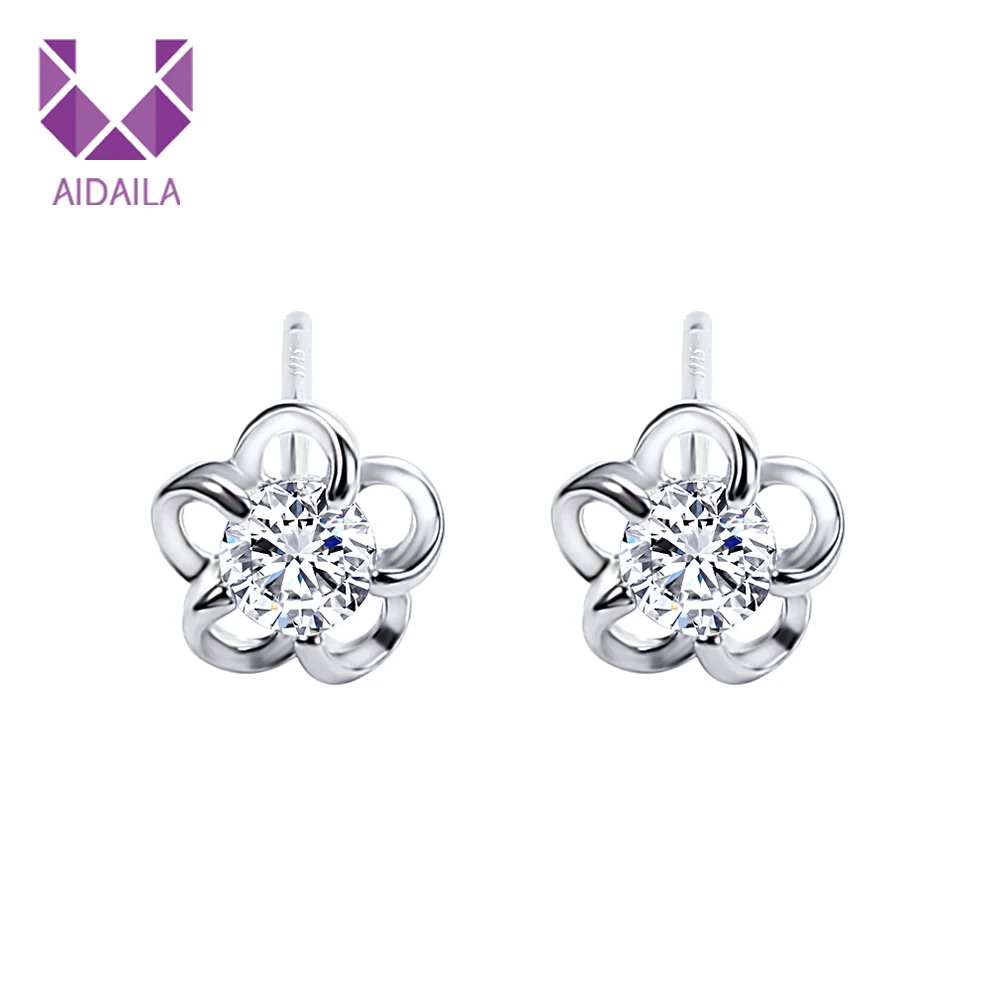 

AIDAILA Solid Real 100% 925 Sterling Silver Women Stud Earrings Flower Pattern AAA+ Cubic Zircon Classic Style Party Jewelry