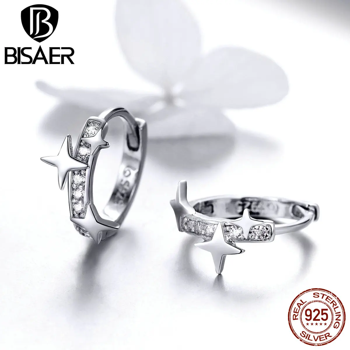 BISAER 100% 925 пробы серебро сияющей Звезды Ясно CZ серьги гвоздики Для женщин