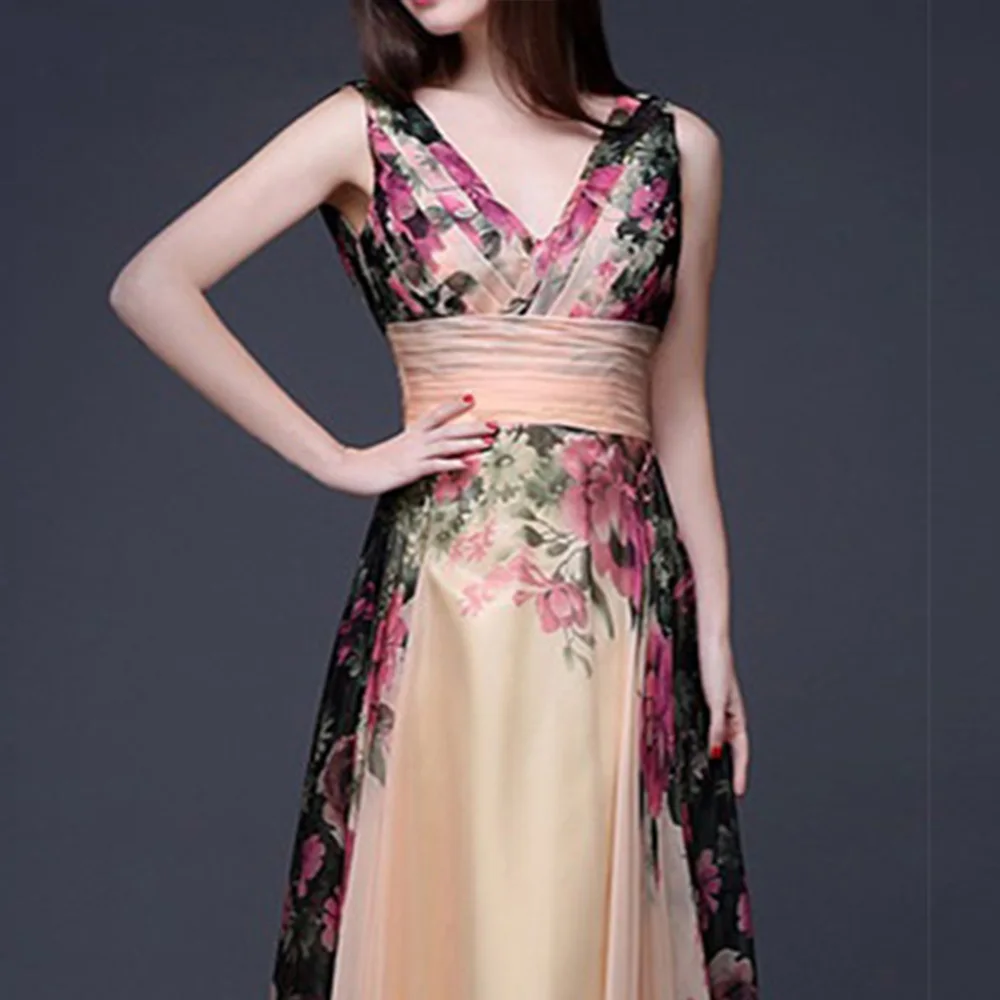 Летние женские цветочные длинные шифоновые вечерние с v-образным вырезом
