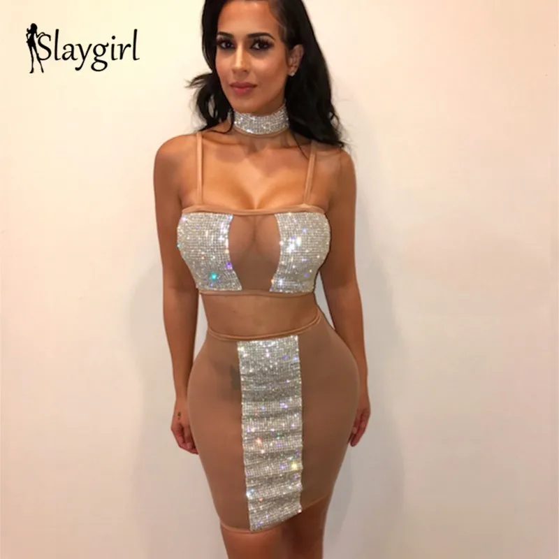 Slaygirl сексуальное платье из двух частей с кристаллами для женщин 2018 мини платья на