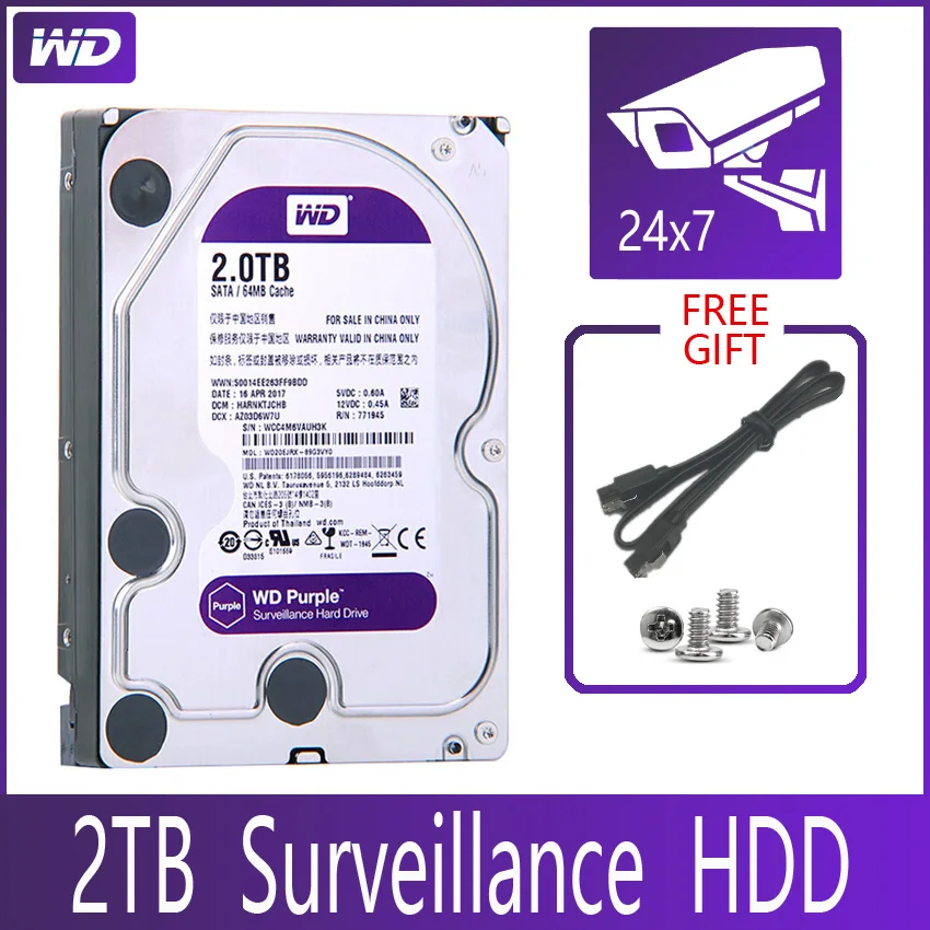 

Диск Жесткий WD PURPLE для системы видеонаблюдения, SATA III, 3,5 дюйма, 64 м
