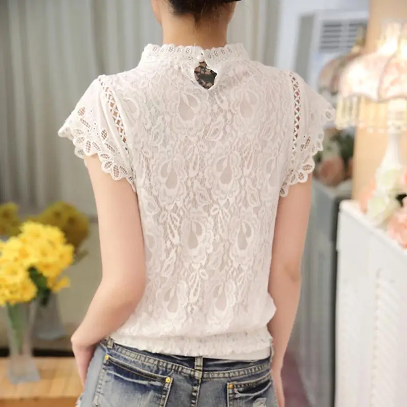 

MISSKY Women Shirt Solid White Color Summer Loose Round Collar Short Sleeve Lace Shirt Female Tops 2020 New