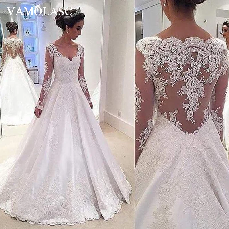 

VAMOLASC Sexy Deep V Neck A Line Lace Wedding Dresses Illusion Appliques Long Sleeve Backless Sweep Train Bridal Gowns