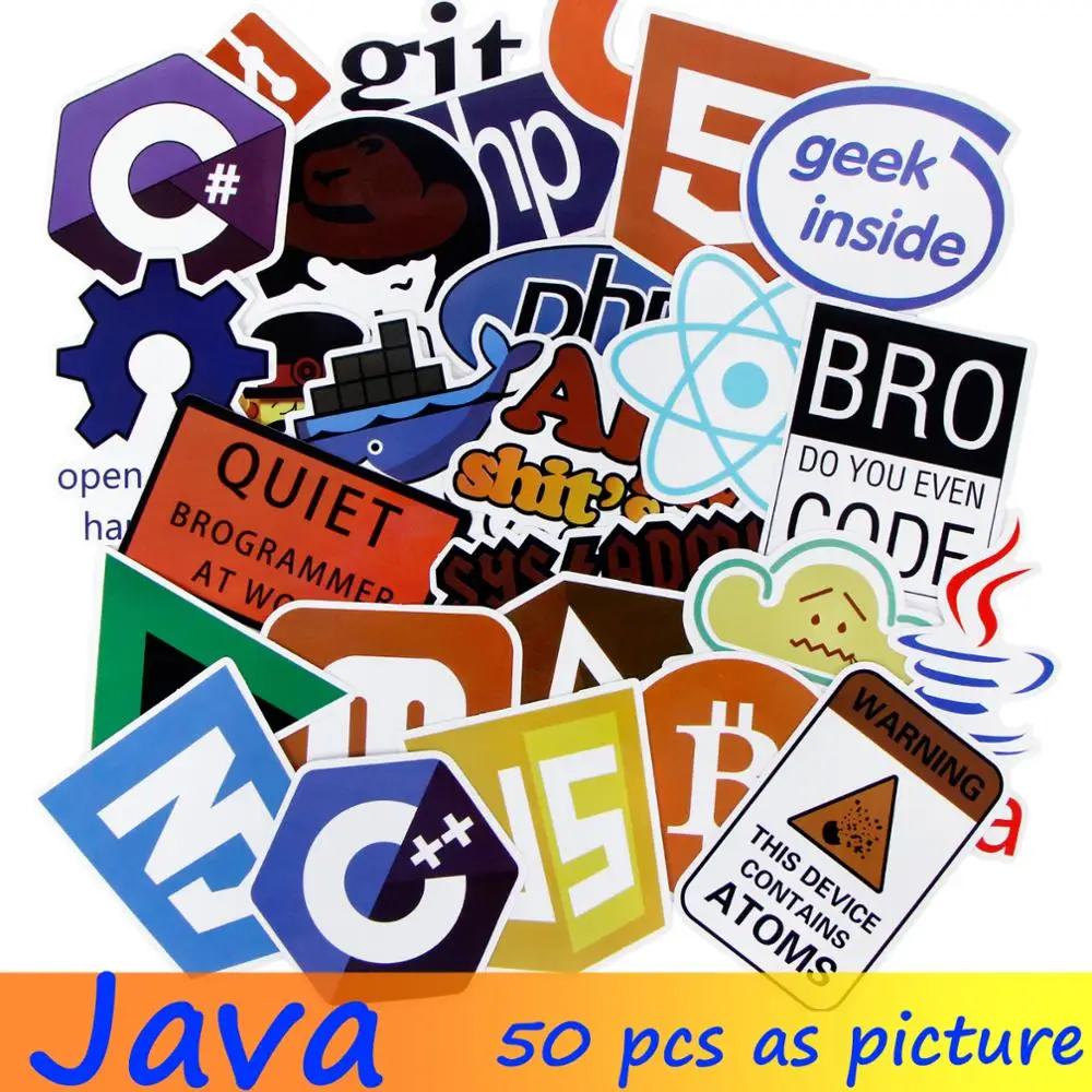 Языковые приложения для интернет программирования 50x с логотипом Java JS php стикером