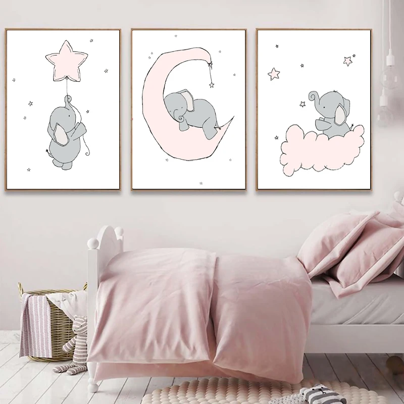 Baby Nursery Wall Art Canvas Painting Animal Nordic Posters Prints Elephant Moon and Stars Pictures Kids Girls Room Decor | Дом и сад