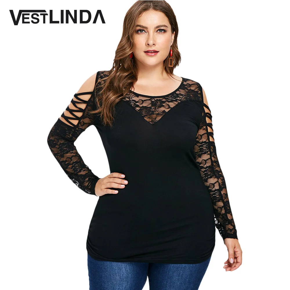 VESTLINDA футболка с открытыми плечами и кружевным рукавом женские топы Осенние