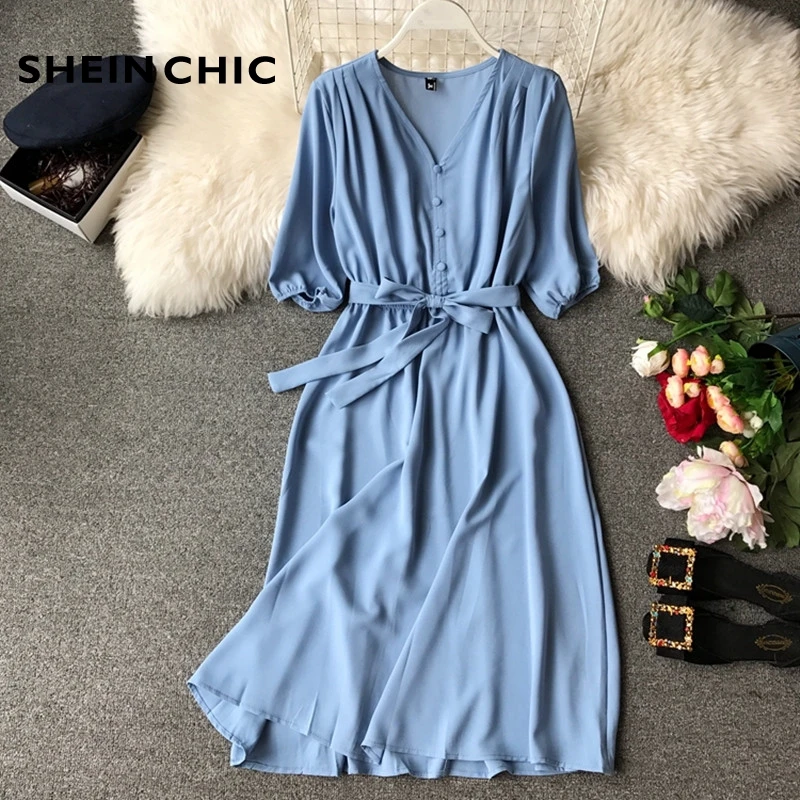 

Vintage V-neck Signle-breasted Ladies Office Dress 2019 Summer Women Korean Casual Midi Chiffon Dress Vestidos