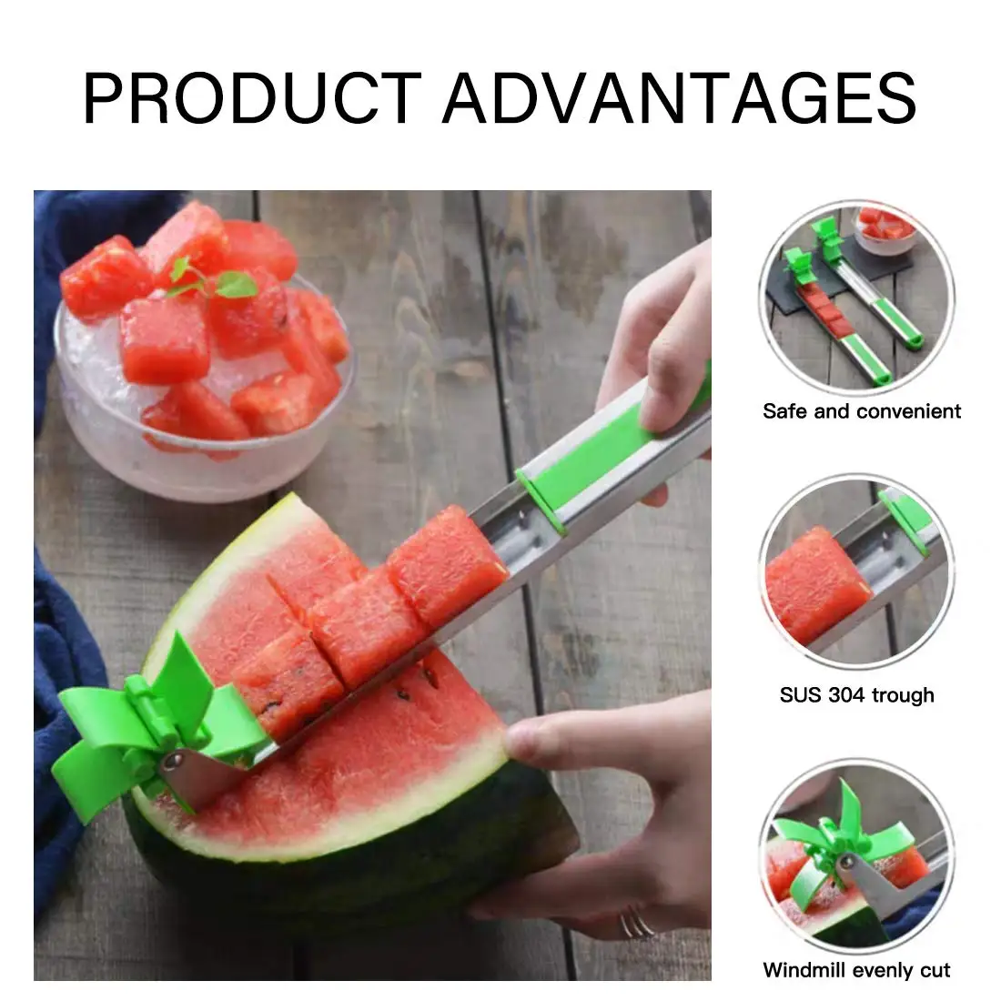 Kitchen windmill Watermelon Slicer Cutter Tongs Corer Fruit Melon Stainless Steel Cut Refreshing Cubes |