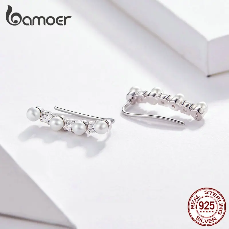Женские длинные серьги-гвоздики BAMOER серебро белый жемчуг 925 пробы циркониевые