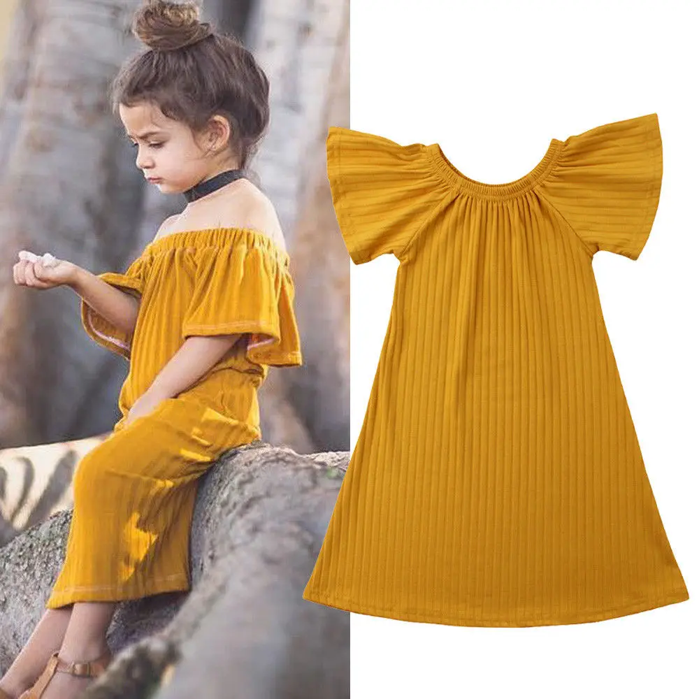 Emmanbaby Toddler Kids Baby Girls Yellow Knitted Dress Off-shoulder Short Sleeve Sundress Long 1-6Y | Детская одежда и обувь
