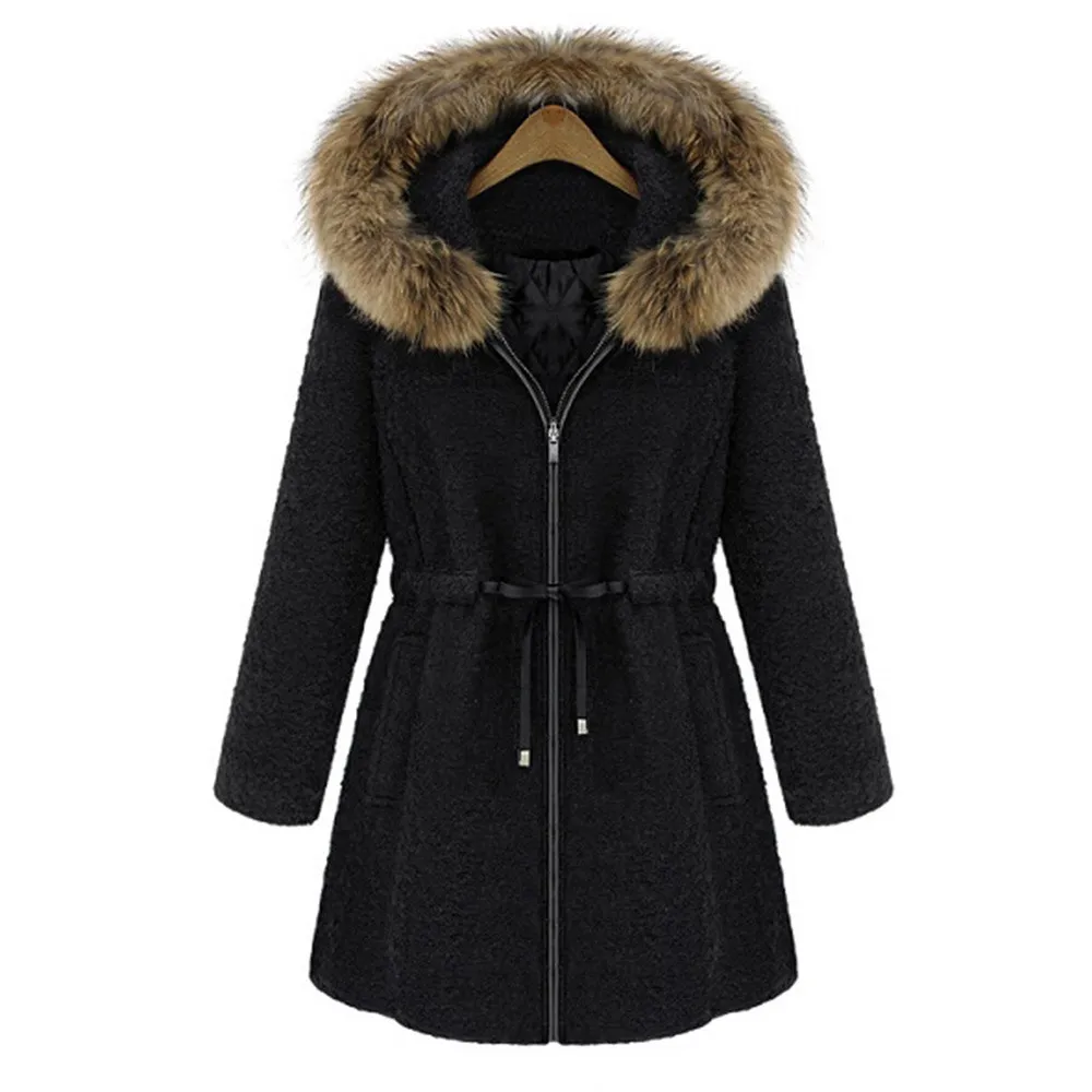 Для женщин Шерстяное пальто теплая Drawstring Повседневное Длинная Верхняя одежда