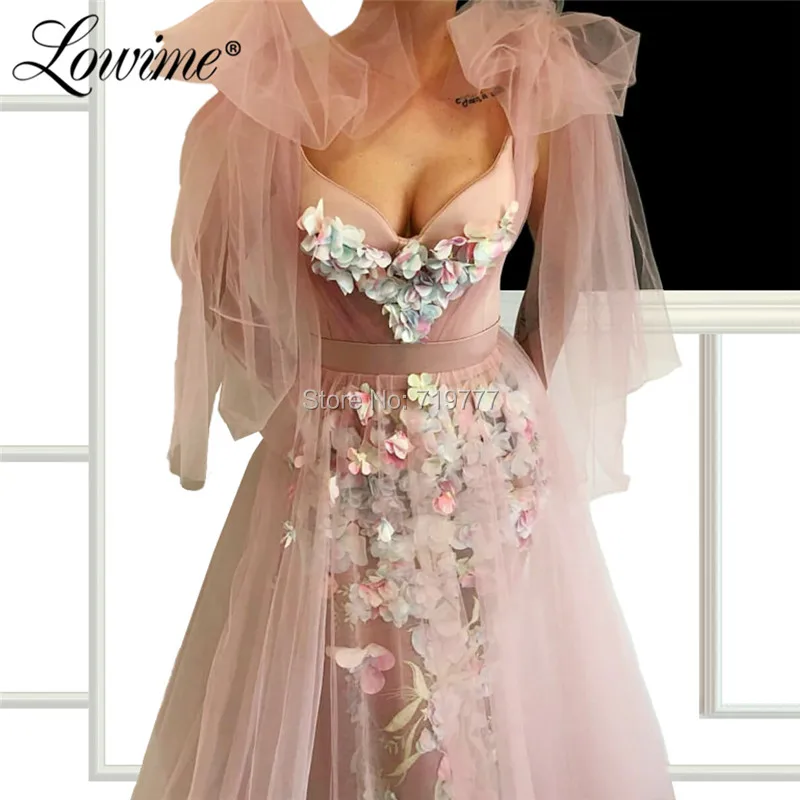 

Pink Floral Prom Dresses Capped Sleeve Evening Gown 2019 Illusion Tulle Party Dress Robe De Soiree Arabic Formal Gowns