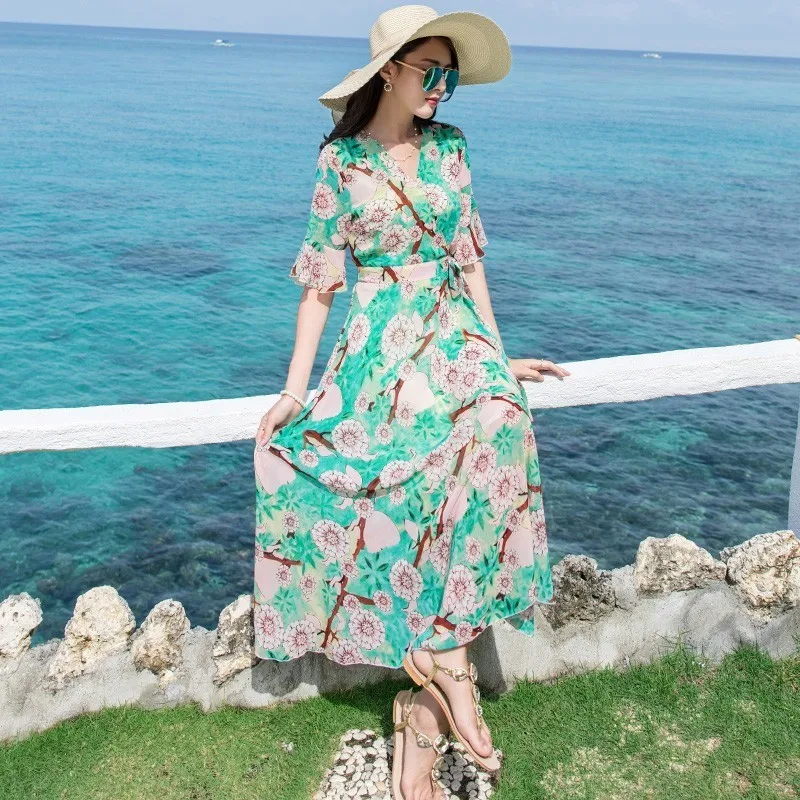 Женское летнее платье с V образным вырезом и коротким рукавом|Женские платья| |