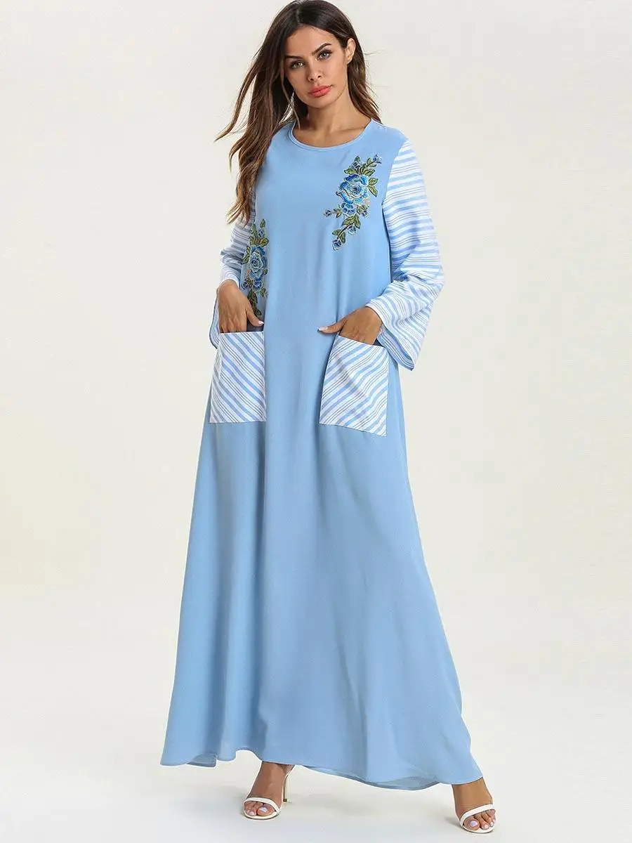 Abaya женское Цветочная вышивка свободное коктейльное мусульманское платье Макси