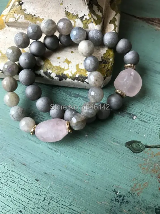 Boho Chic labradorite And Gray Druzy Agates Beads Rose Quartzs Nugget Stretch Bracelet
