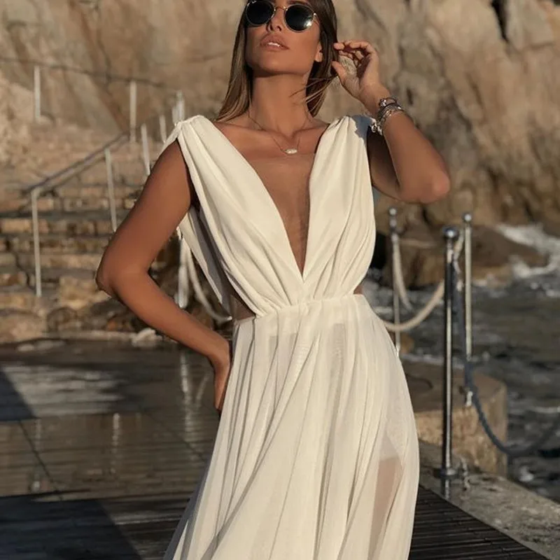 Женское шифоновое платье без рукавов Maix белое длинное с разрезом для ночного