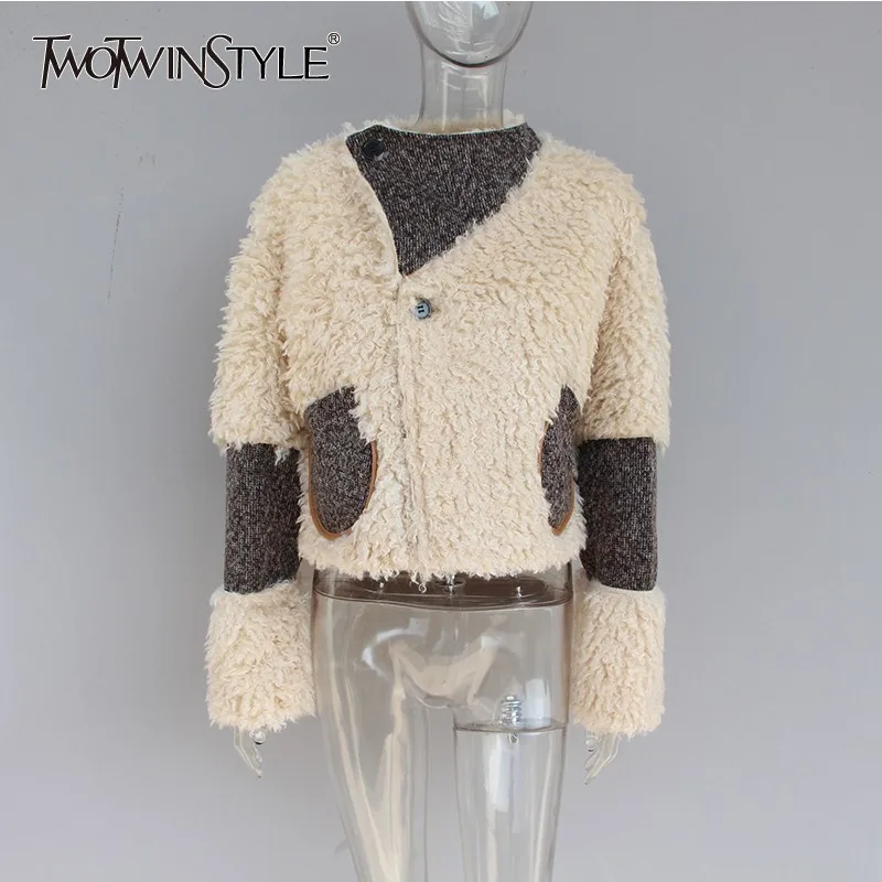 TWOTWINSTYLE короткие пальто из искусственного меха ягненка женская зимняя куртка с