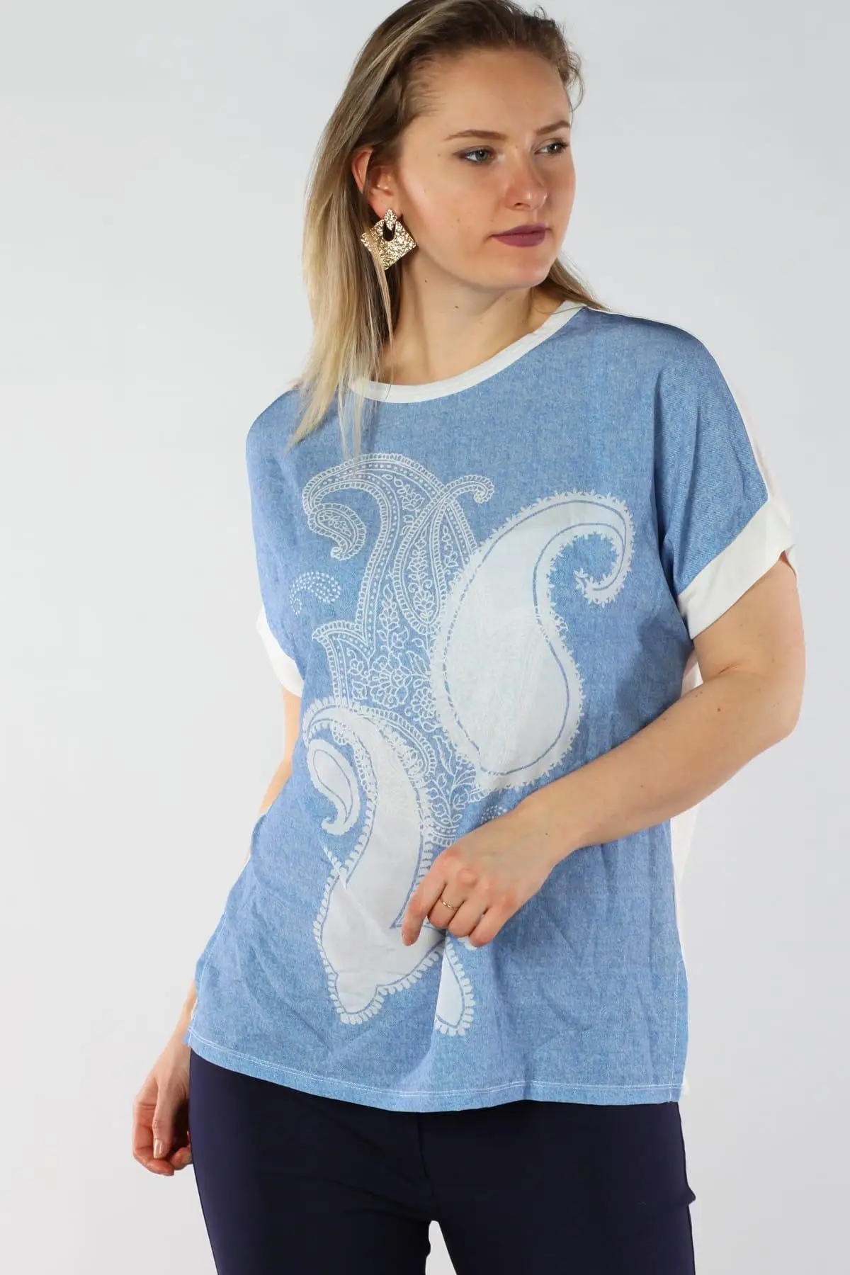 Luck женская синяя велосипедная Шея узорная с низким рукавом Блузка 65N10257 |