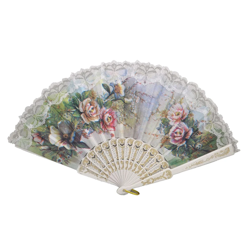 

Hot Sale Hollow Out Rib Peony Print Lace Trim Folding Fabric Hand Fan Colored