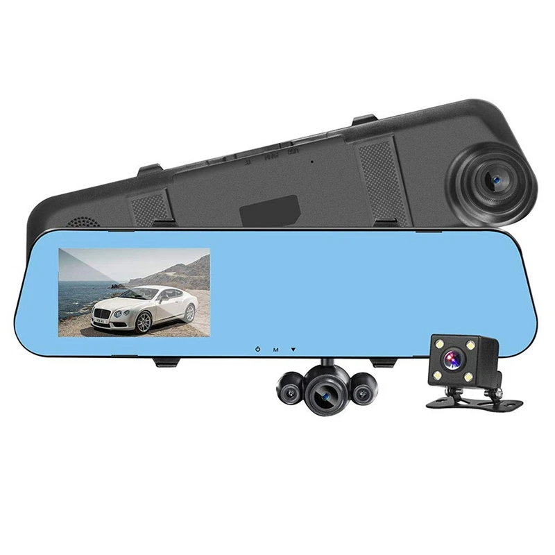 4.0 Lcd Hd 1080P Three-Record Rearview Mirror Car Video Camera Driving Recorder With Three Lens For Vehicles Front &amp Rear View |