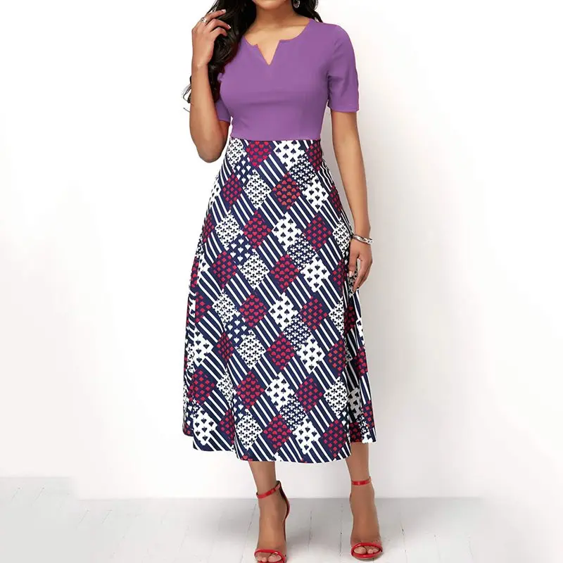 Плед печати Элегантный Африканский плюс размеры платье для женщин Фиолетовый