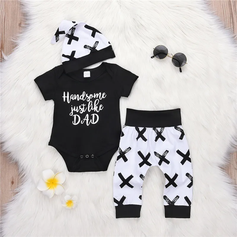Newborn Baby Cool Handsome Boys Cotton Top Letter Romper+Long Pants Leggings+Hat 3Pcs Outfits Clothes Summer Soft Clothing 0-24M |