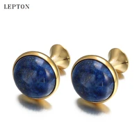 low key luxury lapis lazuli cufflinks for mens gold color lepton high quality round lazurite stone cuff links relojes gemelos