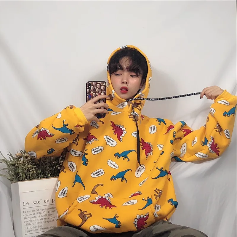 Женские свободные толстовки с капюшоном принтом в стиле Харадзюку на осень и