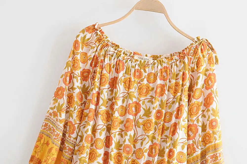 Женская блузка с цветочным принтом Boho оранжевая открытыми плечами | одежда