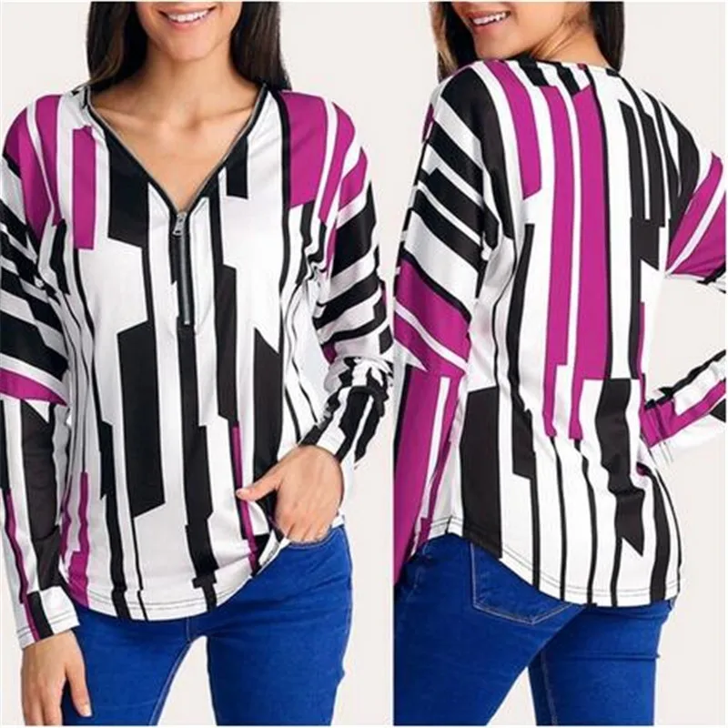 2020 Stripped T Shirt New Fashion Clothes Women Summer Tops Loose Plus Size V Neck Zipper Tshirt Harajuku Streetwear Okd825 | Женская