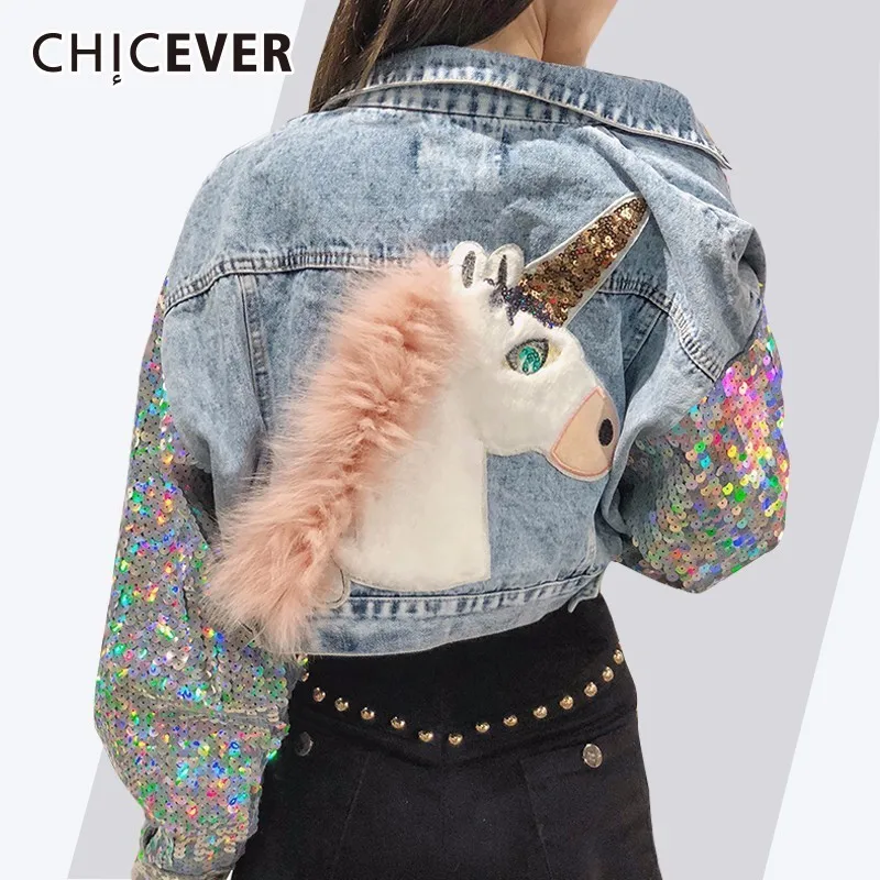 CHICEVER/Осенняя джинсовая куртка для женщин короткая женская Лоскутная с длинными