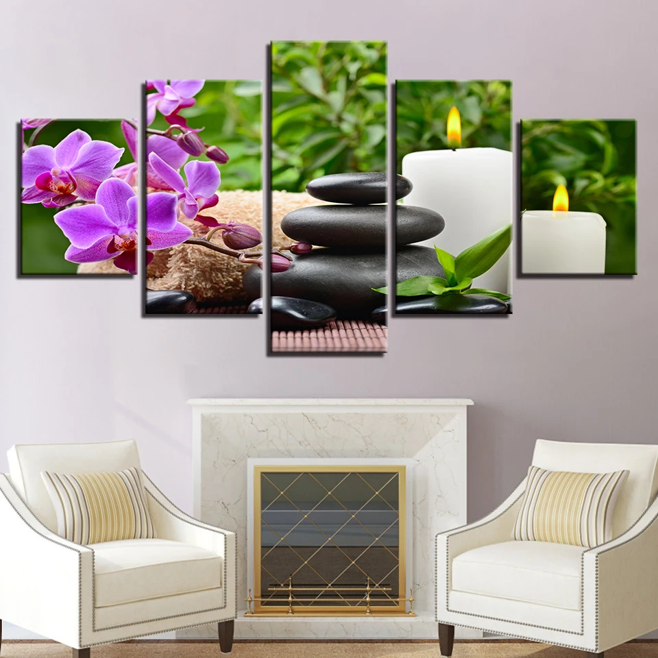 Canvas HD Prints Poster Home Decor 5 Pieces Butterfly Orchid Pebbles Candle Paintings Stones Flower Picture Living Room Wall Art | Дом и сад