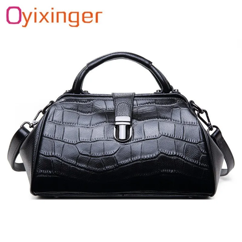 OYIXINGER Women Genuine Leather Messenger Bags Womens Alligator Clasp Pillow Totes Bags Female Real Leather Crossbody Doctor Bag