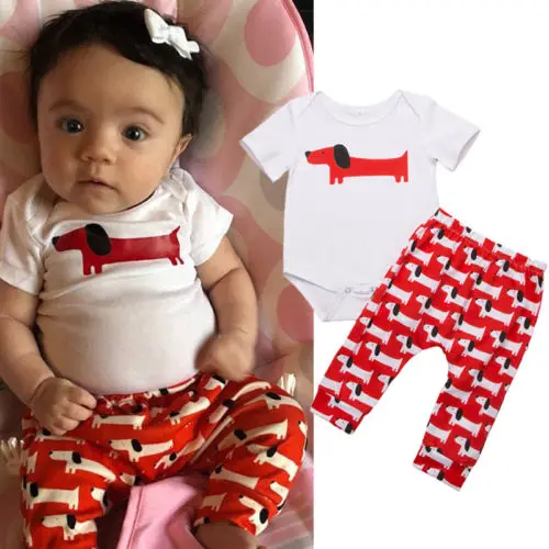2019 Brand 2PCS Newborn Kids Baby Boy Girl Clothes Outfit Cute Dog Print Bodysuit+Pants Babygrows Set New Summer Cotton 0-24M | Детская